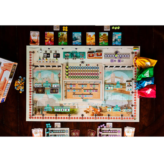 The Royal Society of Archeology - Setup game displayed showing game board, four draw bags, and game cards.