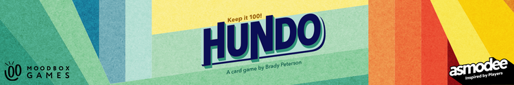 Promotional banner for Hundo Card game with moodbox games and asmodee logos - banner links to Hundo product page.