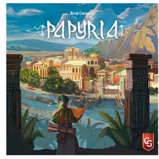 Papyria Board Game - Front of box featuring art of man overlooking Mesopotamian city. 