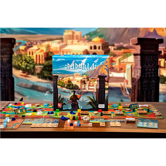 Papyria Board Game - Box and game components displayed  including game board, meeples, and player boards. 