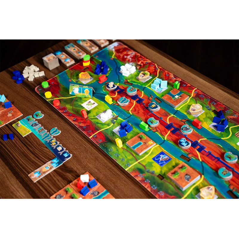 Load image into Gallery viewer, Papyria Boar d Game - Sample game components displayed including game board, meeples, and game tokens. 
