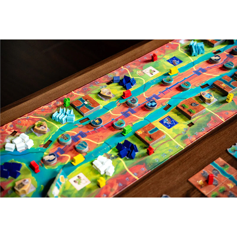 Load image into Gallery viewer, Papyria Boar d Game - Sample game components displayed including game board, meeples, and game tokens. 
