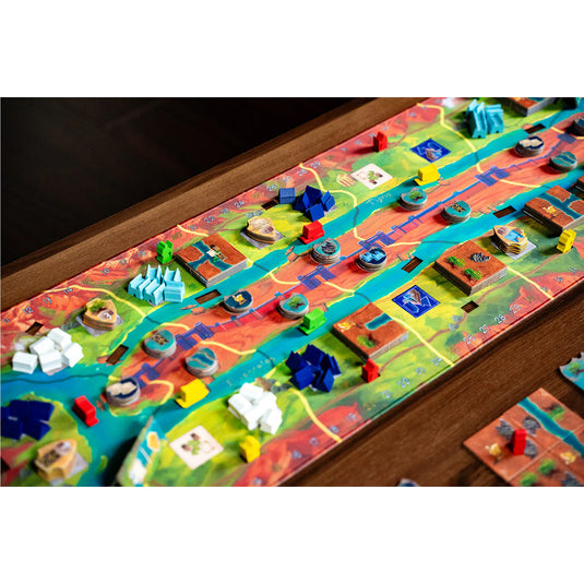 Papyria Boar d Game - Sample game components displayed including game board, meeples, and game tokens. 