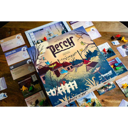 Perch Board Game - box and sample components shown including bird cards, cat cards, and bird figures.