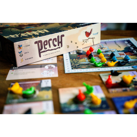 Perch Board Game - box and sample components shown including bird cards, cat cards, and bird figures.