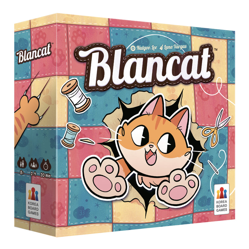 Load image into Gallery viewer, Blancat Board Game - Front of box with a cartoon illustration of a cat coming out of a hole in a quilt. 
