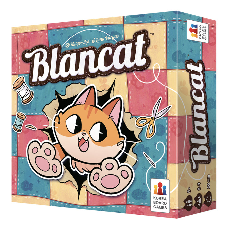 Load image into Gallery viewer, Blancat Board Game - Front of box with a cartoon illustration of a cat coming out of a hole in a quilt. 

