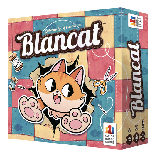 Blancat Board Game - Front of box with a cartoon illustration of a cat coming out of a hole in a quilt. 