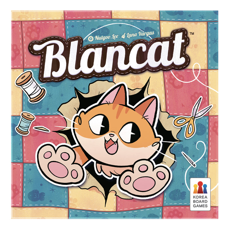 Load image into Gallery viewer, Blancat Board Game - Front of box with a cartoon illustration of a cat coming out of a hole in a quilt. 
