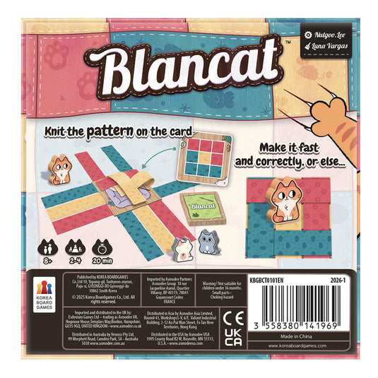 Blancat Board Game - Back of box with images of game components and barcode. Box lists game is for ages 8+ and 2 to 4 players.
