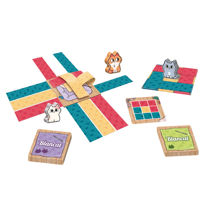 Load image into Gallery viewer, Blancat Board Game - Sample components shown including cat figures, player boards, and mission cards.
