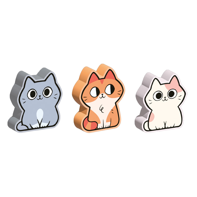 Load image into Gallery viewer, Blancat Board Game - Three cat tokens shown including a gray cat, orange cat, and white cat with spots.
