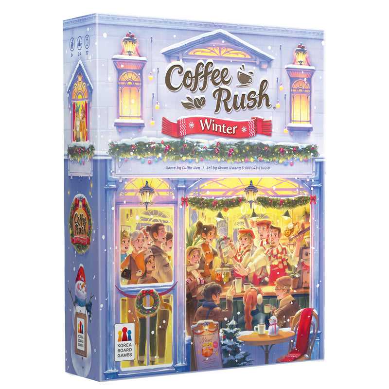 Load image into Gallery viewer, Coffee Rush Winter Board Game - Front of box featuring art of people gathered in a coffee shop wearing winter clothing. 
