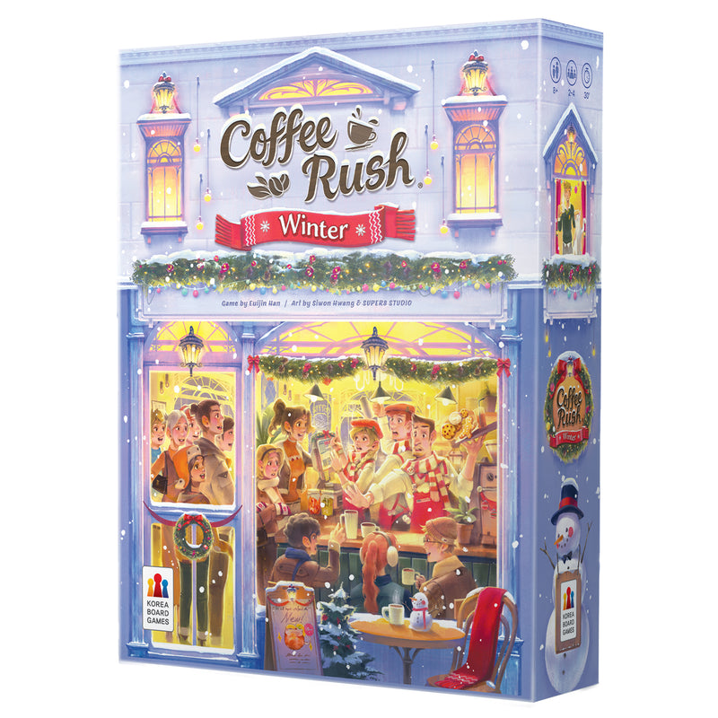 Load image into Gallery viewer, Coffee Rush Winter Board Game - Front of box featuring art of people gathered in a coffee shop wearing winter clothing. 
