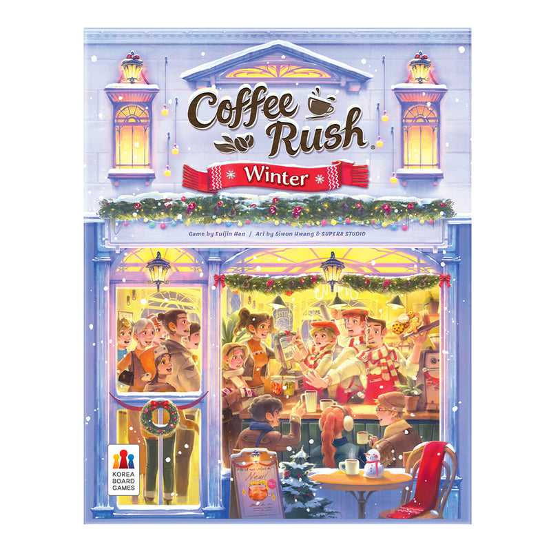 Load image into Gallery viewer, Coffee Rush Winter Board Game - Front of box featuring art of people gathered in a coffee shop wearing winter clothing. 
