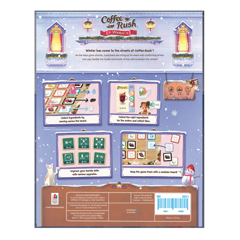 Load image into Gallery viewer, Coffee Rush Winter Board Game - Back of box with game description, images of sample game components, and barcode. Box lists game is for ages 8+ and 2 to 4 players.
