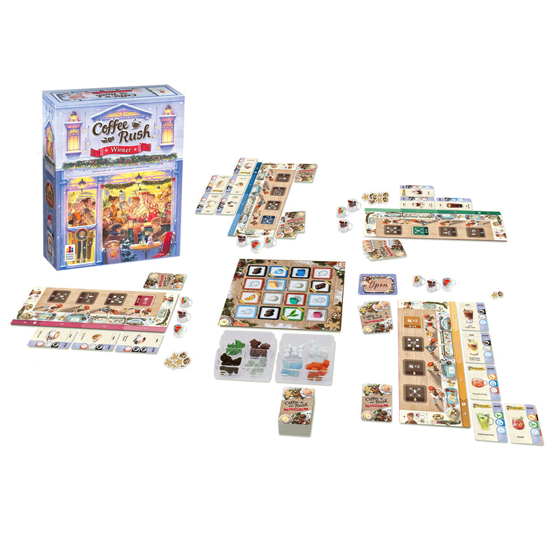 Load image into Gallery viewer, Coffee Rush Winter Board Game - Box and setup game displayed including game tokens, player boards, and cards.
