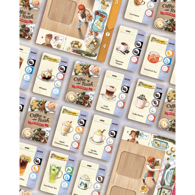 Load image into Gallery viewer, Coffee Rush Winter Board Game - Sample menu cards shown with different coffee drinks and recipes. 
