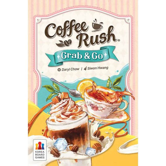Coffee Rush: Grab & Go Expansion - front of packaging featuring illustrations of tea and coffee drinks. 