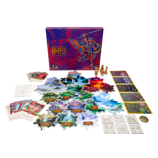 Inis Nemed Board Game Expansion - box and game contents displayed including map tiles, character miniatures, character cards, and game tokens.