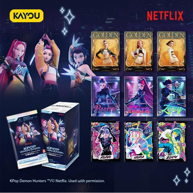 Load image into Gallery viewer, KPop Demon Hunters World Tour Collectible Cards - Energy Edition Series 1-A - Image showing range of cards in booster packs and image of packaging along with Netflix and Kayou branding. 
