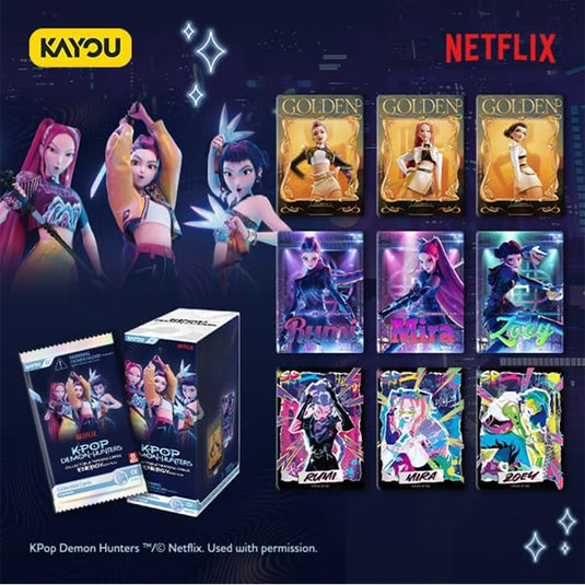 KPop Demon Hunters World Tour Collectible Cards - Energy Edition Series 1-A - Image showing range of cards in booster packs and image of packaging along with Netflix and Kayou branding. 