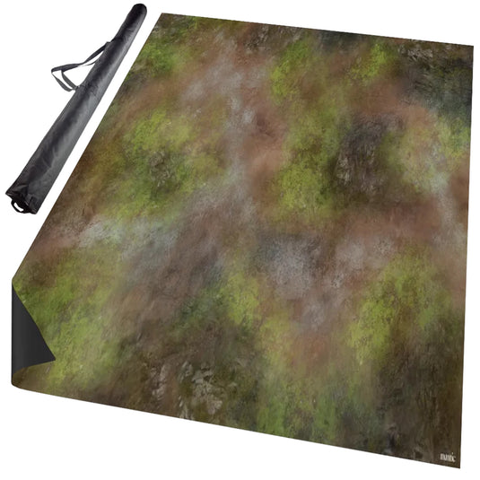 Fantastic Fantasy Gaming Mat (44"x60") - View of front of game mat with terrain art design and black carry bag.