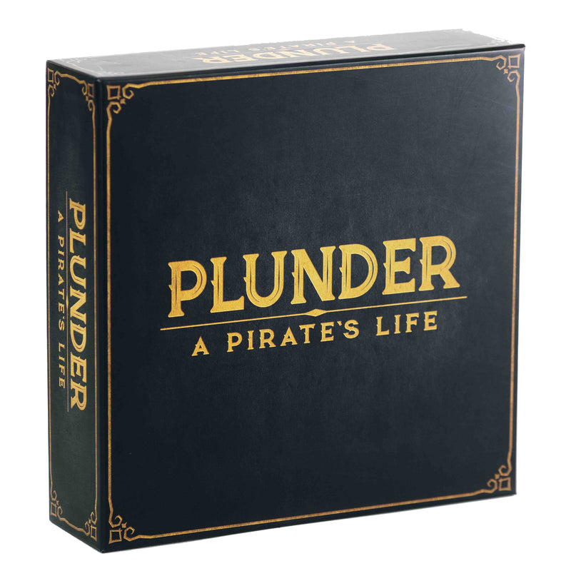 Load image into Gallery viewer, Plunder: A Pirate's Life Board Game - front of box with the title written in gold lettering on a black box.
