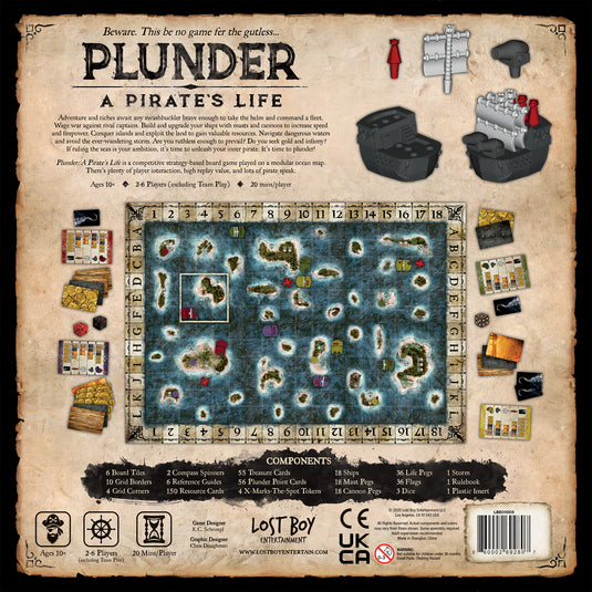 Plunder: A Pirate's Life Board Game - back of box with overview, contents list, and images of game components. Box indicates it is for ages 10+ and 2 to 6 players.