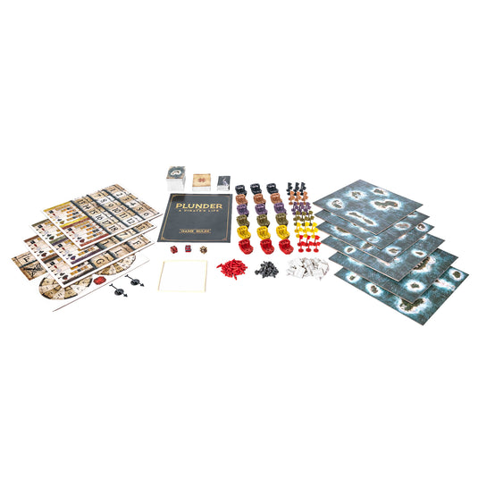 Plunder: A Pirate's Life Board Game - view of sample components including rulebook, ship and peg figures, six game boards with different grid maps, and game cards.
