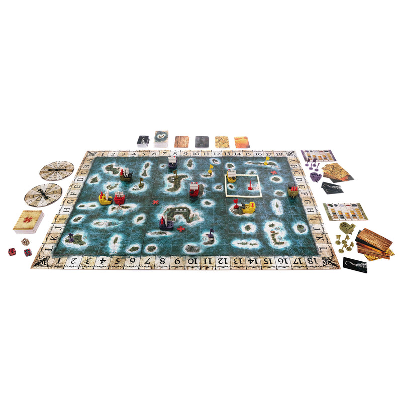 Load image into Gallery viewer, Plunder: A Pirate's Life Board Game - view of setup game including game board with grid map, ship figures and pegs, compass spinners, resource cards, and treasure cards.
