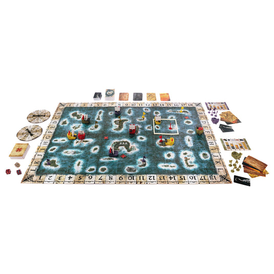 Plunder: A Pirate's Life Board Game - view of setup game including game board with grid map, ship figures and pegs, compass spinners, resource cards, and treasure cards.