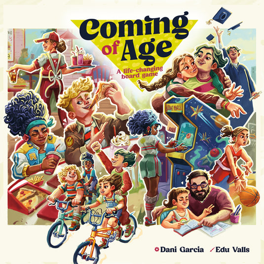 Coming of Age Board Game - front of box with illustration of characters in different stages of life.