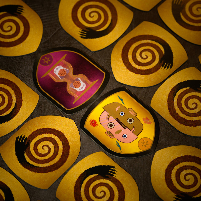 Load image into Gallery viewer, Werewolves of Miller Hollow Limited Edition 25 Years - Yellow tokens displayed with shield shaped designs. 
