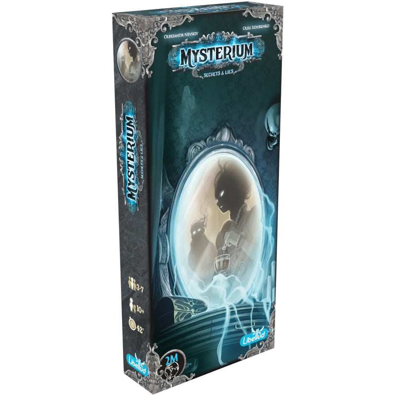 Load image into Gallery viewer, Mysterium Secrets &amp; Lies Refresh Board Game Expansion - front of box featuring illustration of ghost in mirror.
