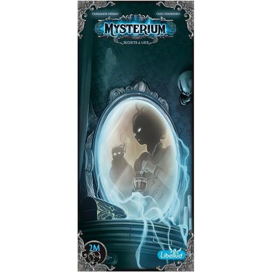 Mysterium Secrets & Lies Refresh Board Game Expansion - front of box featuring illustration of ghosts in mirror.