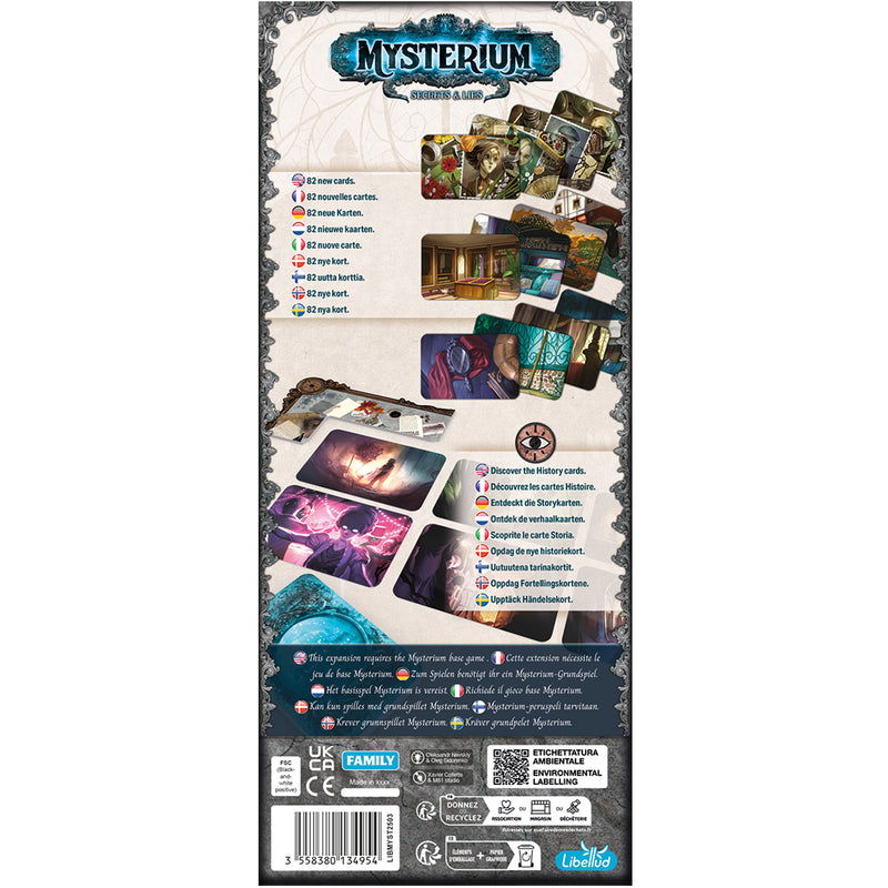 Load image into Gallery viewer, Mysterium Secrets &amp; Lies Refresh Board Game Expansion - back of box with components list and images of game cards.
