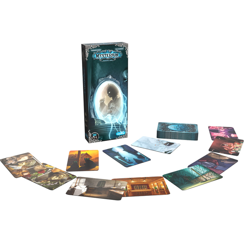 Load image into Gallery viewer, Mysterium Secrets &amp; Lies Refresh Board Game Expansion - box and game cards displayed.
