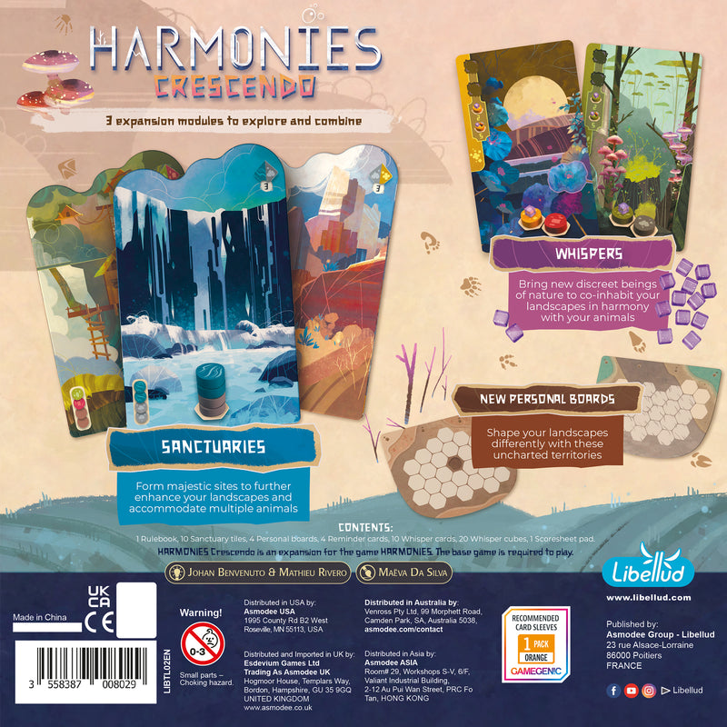 Load image into Gallery viewer, Harmonies Crescendo Board Game Expansion - Back of box with game description, contents list, and images of expansion cards. 
