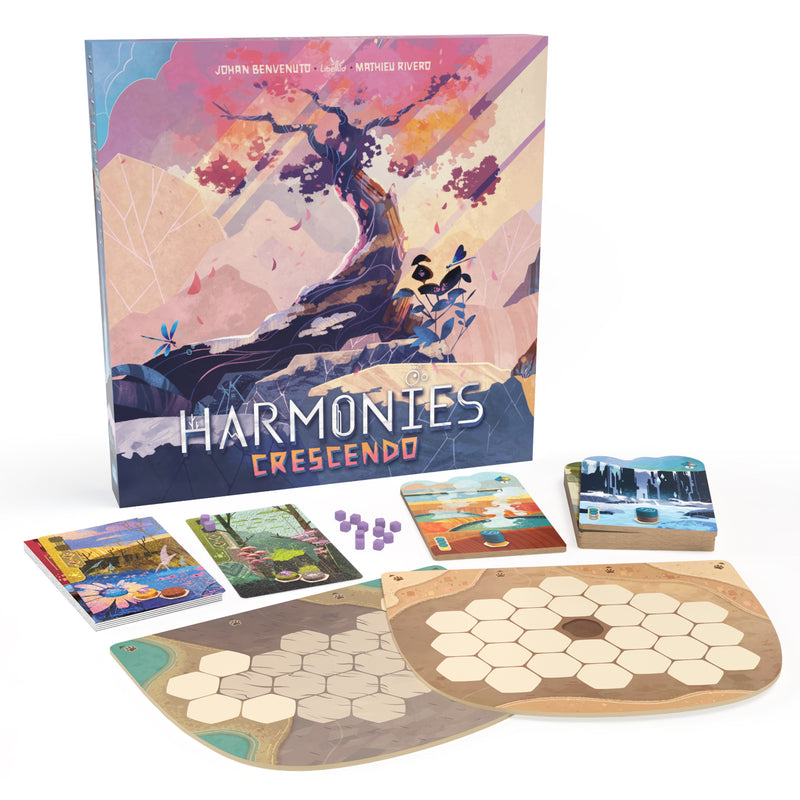 Load image into Gallery viewer, Harmonies Crescendo Board Game Expansion - Box and game components displayed including game cards with different habitats, purple tokens, and hex grid game boards. 
