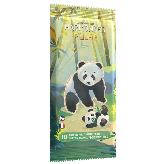Harmonies Pulse Expansion - Front of packaging featuring art of pandas and note that it contains 10 additional animal cards. 