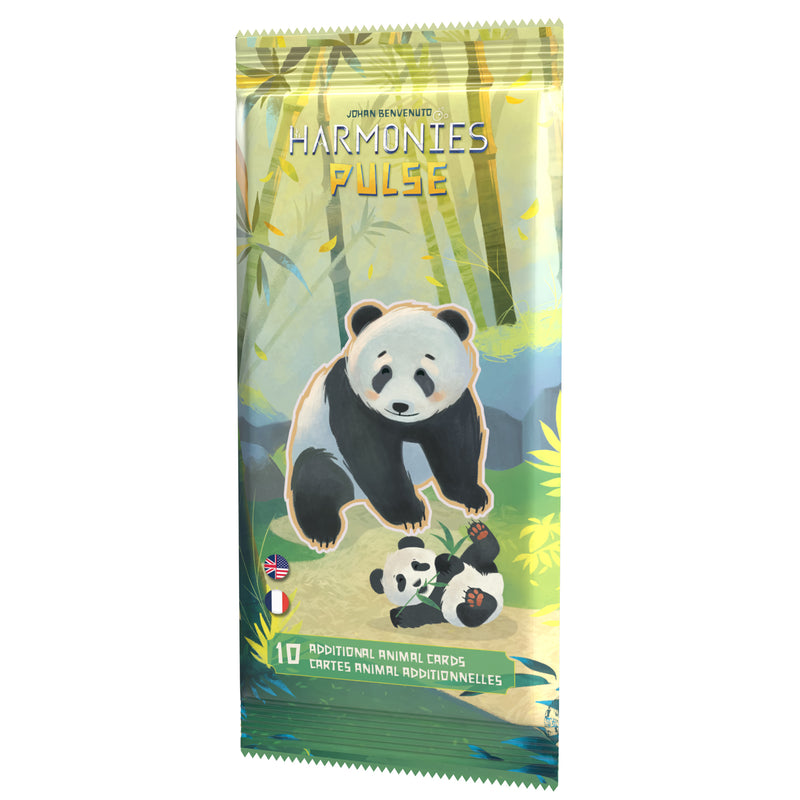 Load image into Gallery viewer, Harmonies Pulse Expansion - Front of packaging featuring art of pandas and note that it contains 10 additional animal cards. 
