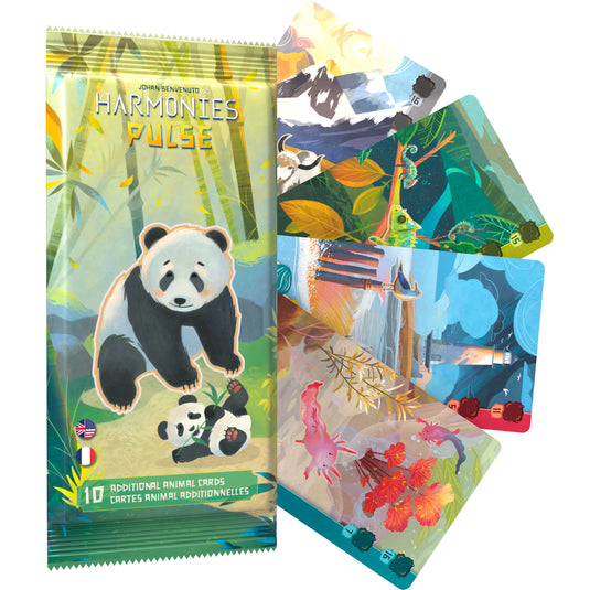 Harmonies Pulse Expansion - Front of packaging and images of sample cards, each featuring art of different animals including an axolotl.