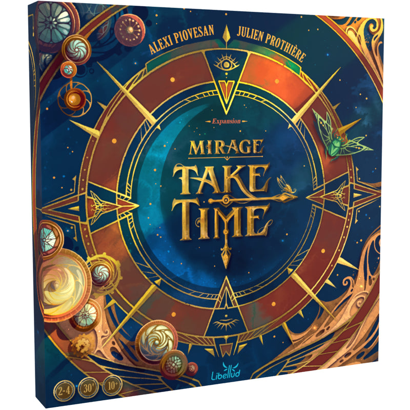 Load image into Gallery viewer, Take Time: Mirage Expansion - Front of packaging with blue and gold clock design. 
