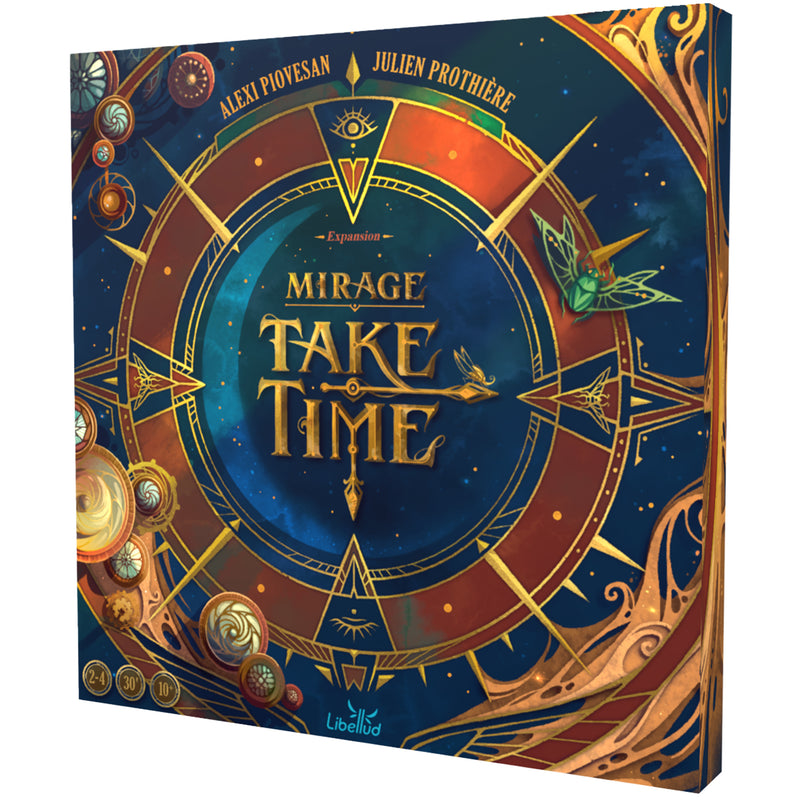Load image into Gallery viewer, Take Time: Mirage Expansion - Front of packaging with blue and gold clock design. 
