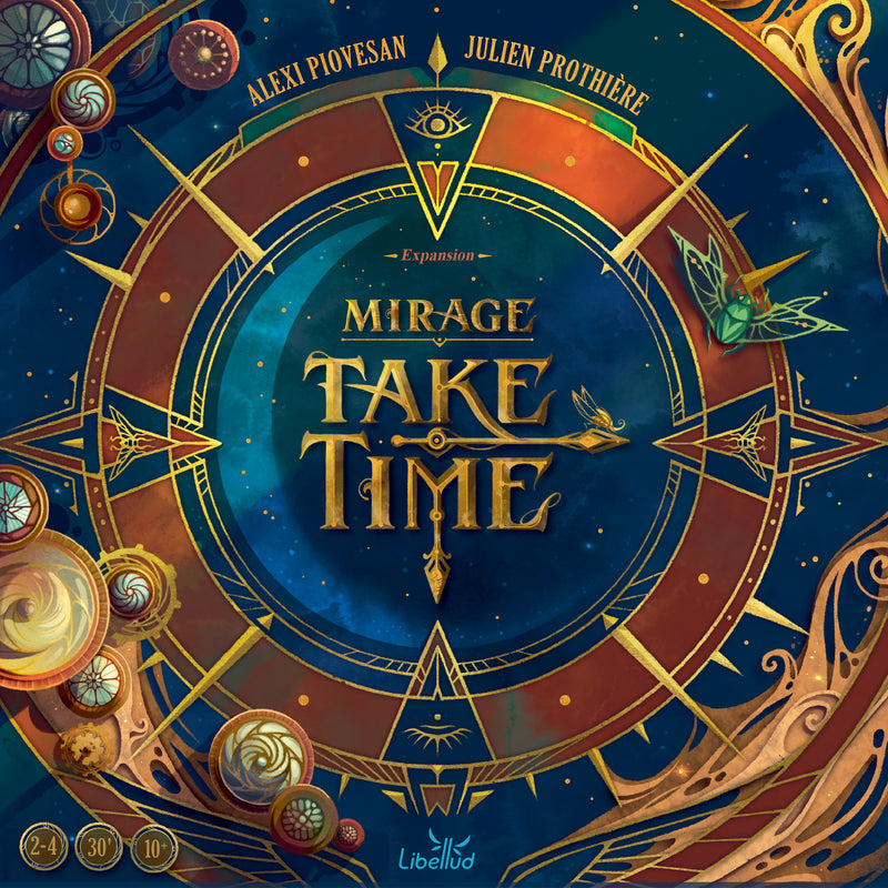Load image into Gallery viewer, Take Time: Mirage Expansion - Front of packaging with blue and gold clock design. 
