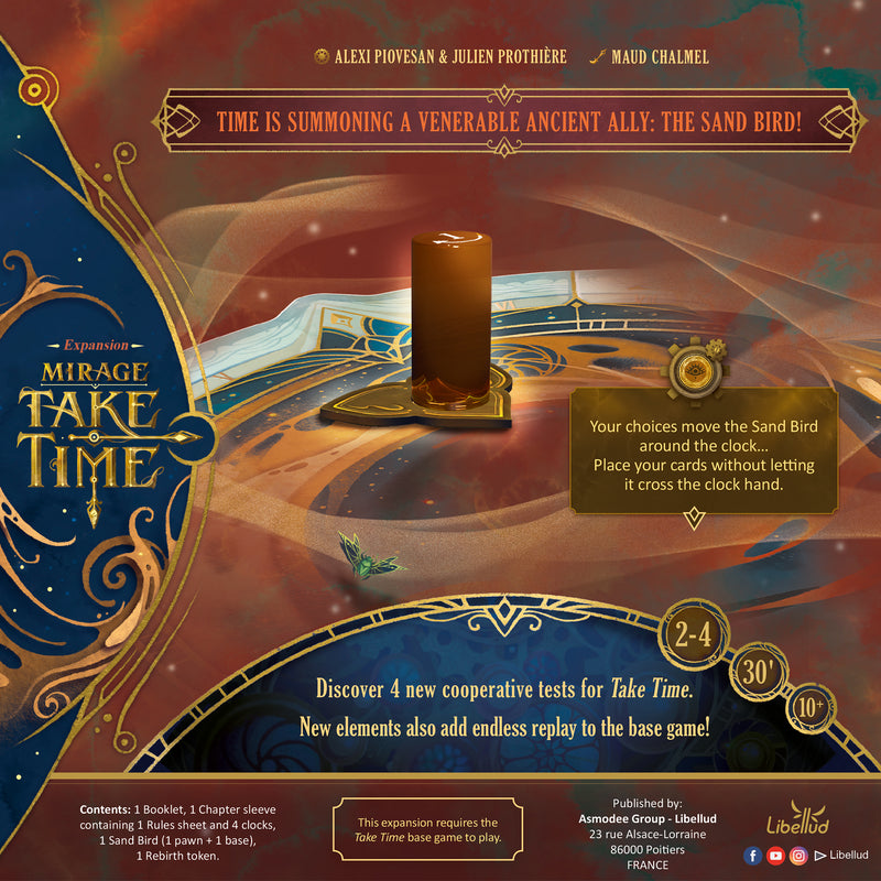 Load image into Gallery viewer, Take Time: Mirage Expansion - Back of packaging with description, contents list, and image of game board. Box lists game is for ages 10+ and 2 to 4 players.
