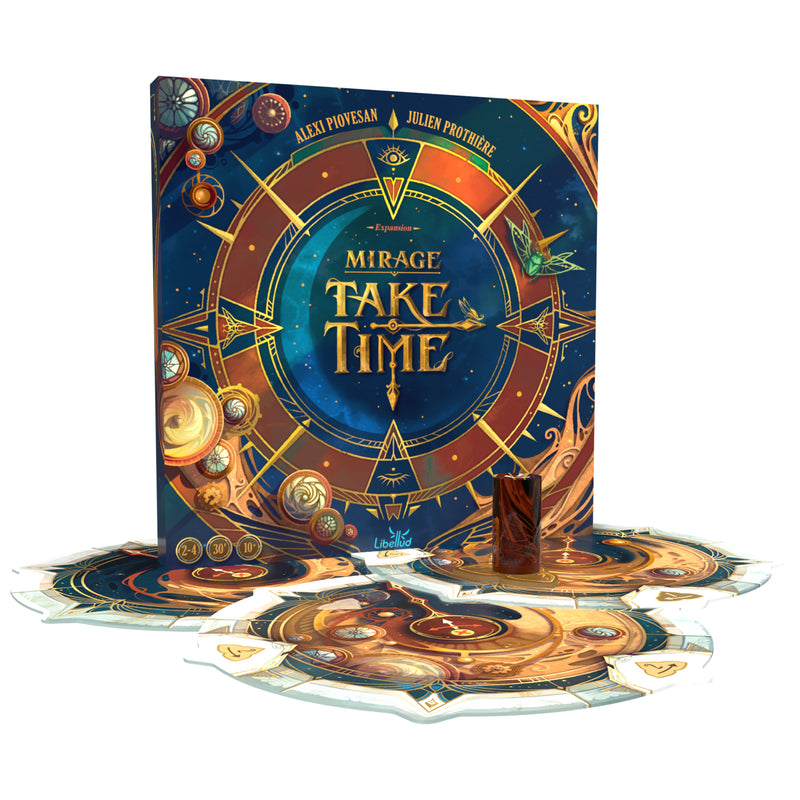 Load image into Gallery viewer, Take Time: Mirage Expansion - Box and contents shown including clock game boards.
