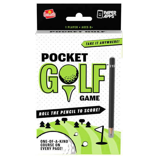 Paper Apps Golf - Front of packaging with illustration of golf course and pencil and tag line 'One-of-a-kind course on every page'.