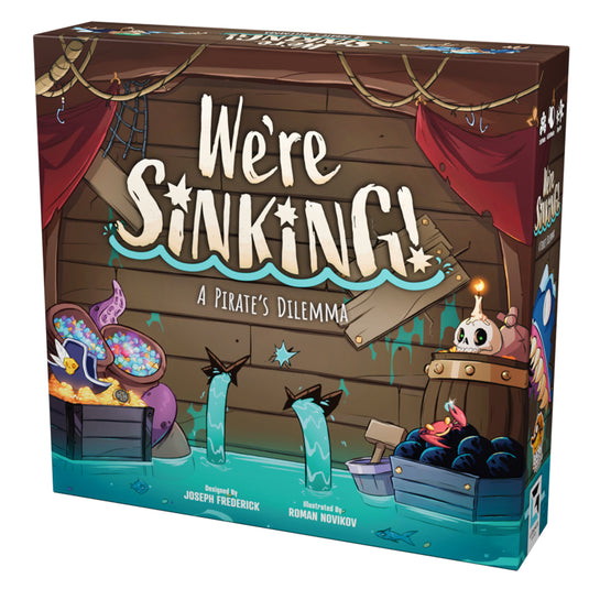 We're Sinking: A Pirate's Dilemma Board Game - front of box featuring art of pirate ship filling with water. 